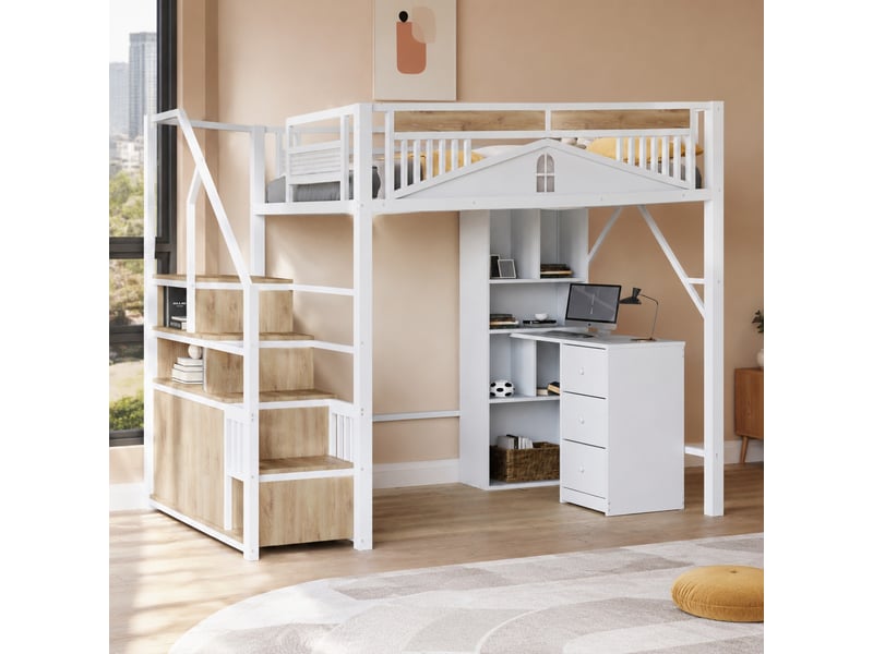  Lit mezzanine 140x200 cm avec escalier de rangement et garde-corps blanc  - Conforama D