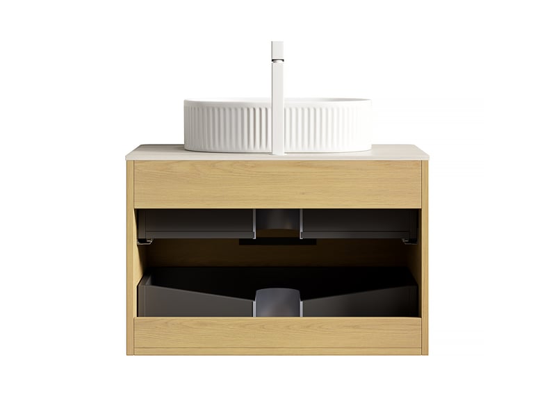  Meuble sous vasque suspendu 75 cm à 2 tiroirs fermeture douce - lpospi - plateau pierre frittée, céramique beige chêne  - Conforama E