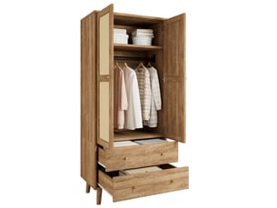 Armoire avec penderie, étagères et 2 tiroirs, décor rotin, pour chambre ou entrée, mdf noyer, 80 × 50 × 180 cm