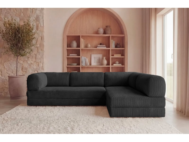 Cosima - canapé d'angle convertible petit velours côtelé 4 places noir gauche  - Conforama D