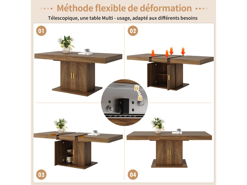  Table à manger extensible marron 140x90x75cm 2 étagères 2 portes réglable mdf et métal salle à manger rangement pratique moderne  - Conforama D