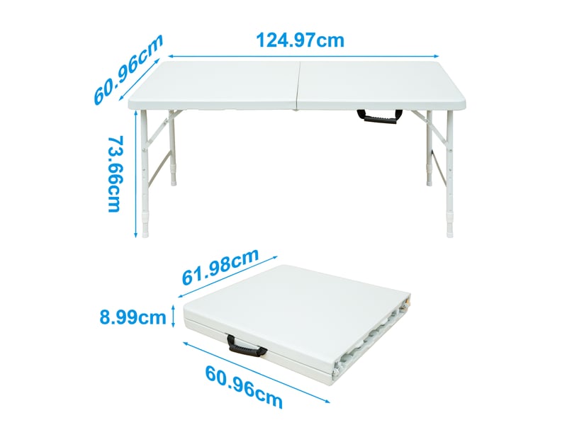  Table de jardin pliante blanche 124,97 cm, hauteur réglable 58–73,66 cm, en plastique et métal, facile à transporter  - Conforama C
