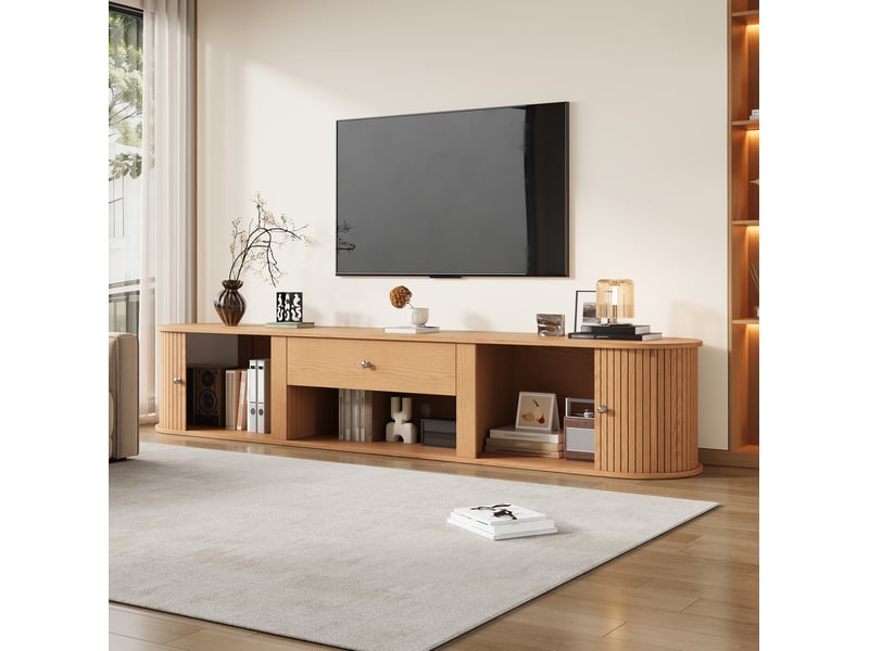  Meuble tv bas 180 x 40 x 40 cm, 2 portes à rideau, tiroir, coloris bois  - Conforama B