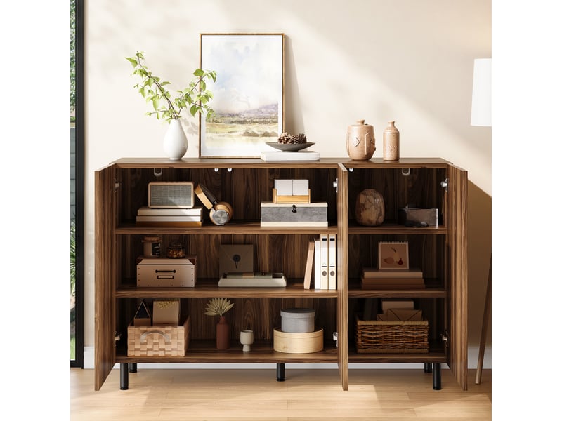  Meuble à chaussures 3 portes chêne clair - sideboard buffet meuble de rangement pb et mdf avec lignes verticales et pieds en métal  - Conforama D