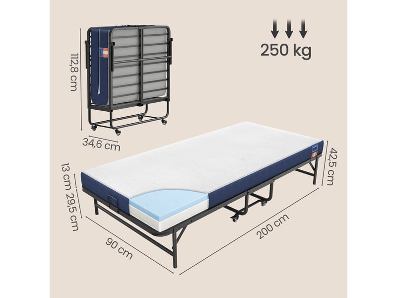  Lit pliant pour adulte avec sommier et matelas épais, sur roulettes, 200 x 90 cm, bleu et blanc  - Conforama D