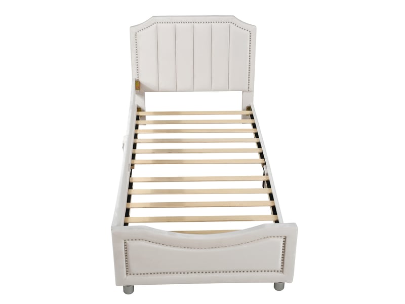  Lit enfant 90x200 capitonné beige - banquette lit avec dossier flanelle - sommier inclus  - Conforama E