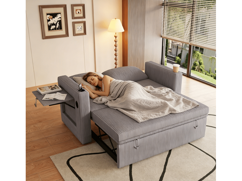 Canapé-lit convertible 2 places 145x75x85,5 cm - lit extractible - dossier réglable - porte-gobelet et coussins - velours côtelé - gris CozyNest - Conforama D