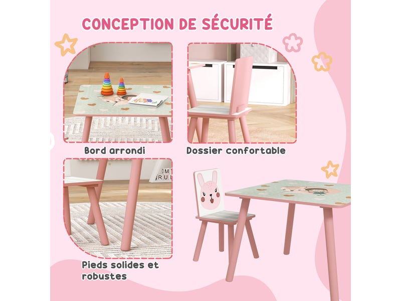  Ensemble table et chaises pour enfants, table pour enfant avec 2 chaises, motif animaux pour chambre à coucher rose  - Conforama E