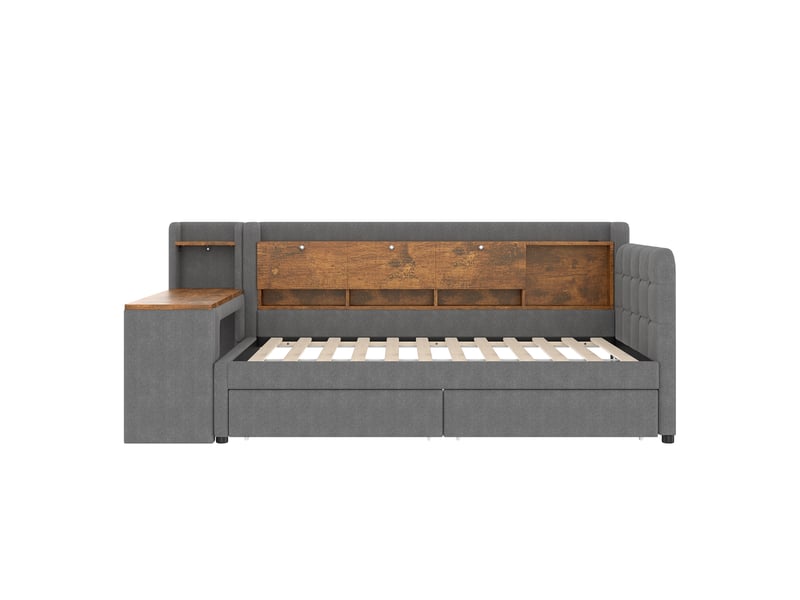 Lit banquette gris 90x200 cm avec bureau, 2 tiroirs, rangements, usb et type-c - Conforama A