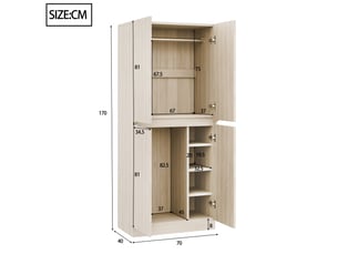 Armoire 70 × 40 × 170 cm à double porte avec petit compartiment, finition bois naturel pour chambre