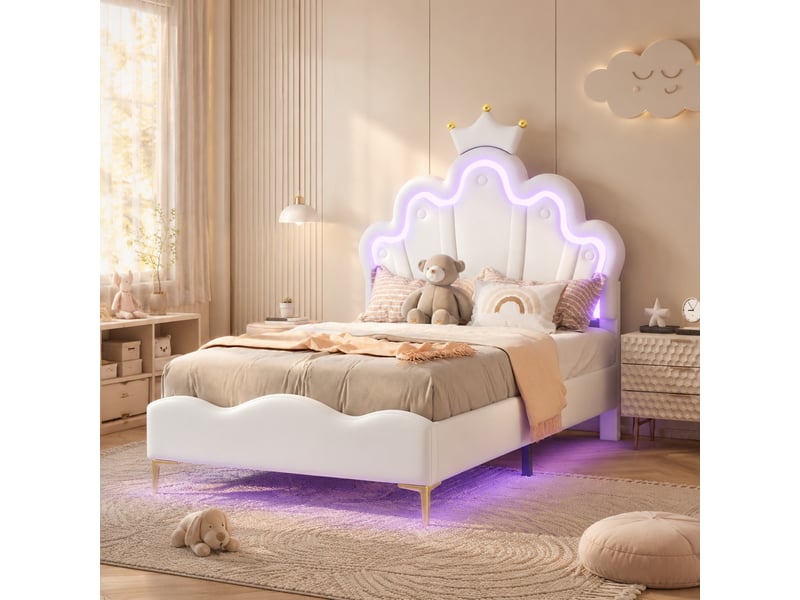  Lit simple 200×90 cm avec tête de lit couronnée et éclairage led réglable, en similicuir pu blanc  - Conforama B