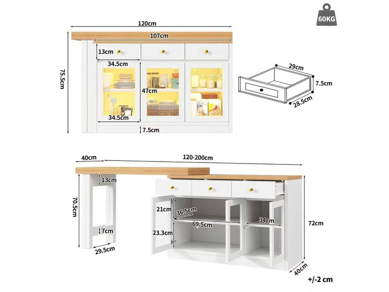  Îlot de cuisine extensible avec led, 3 tiroirs et portes vitrées, blanc, 120-200x40x75,5 cm  - Conforama C