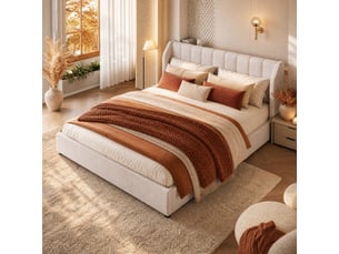 Lit rembourré ulevr 180 x 200 cm en velours français avec tête de lit capitonnée, sommier à lattes et 2 coussins, beige