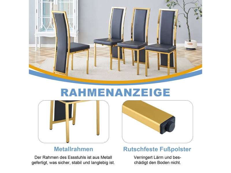  Chaise de salle à manger lot de 4 avec dossier haut ergonomique  - pu et métal - noir et doré  - Conforama E
