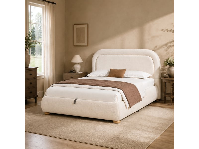 Lit coffre 140x190 cm bouclé beige avec tête de lit rembourrée et sommier à lattes - Conforama B