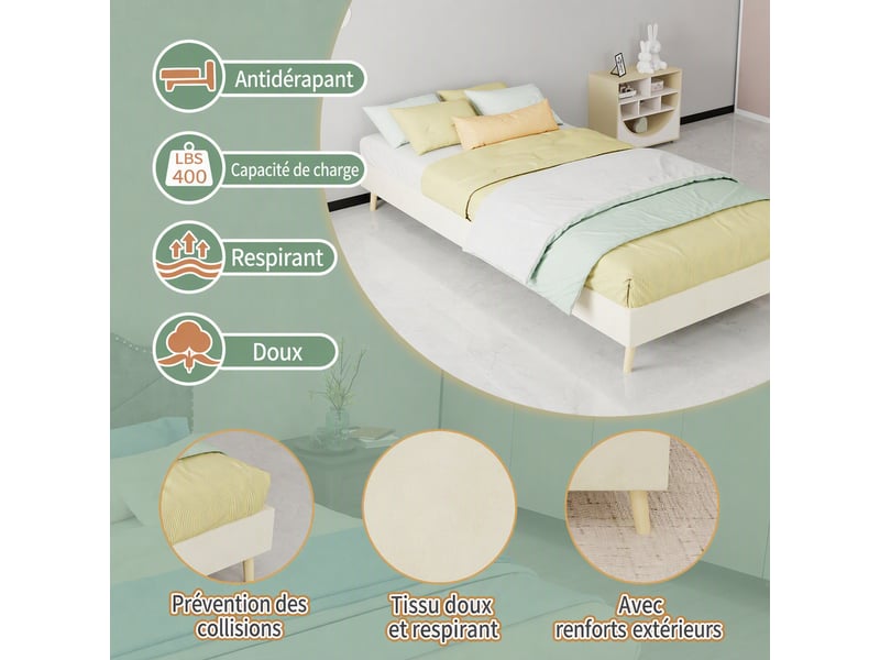 Cadre de lit 1 place 90x200 cm beige en tissu et métal, style moderne  - Conforama R