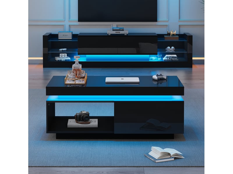  Lot de 2 meuble tv et table basse noirs brillants avec éclairage led  - Conforama B