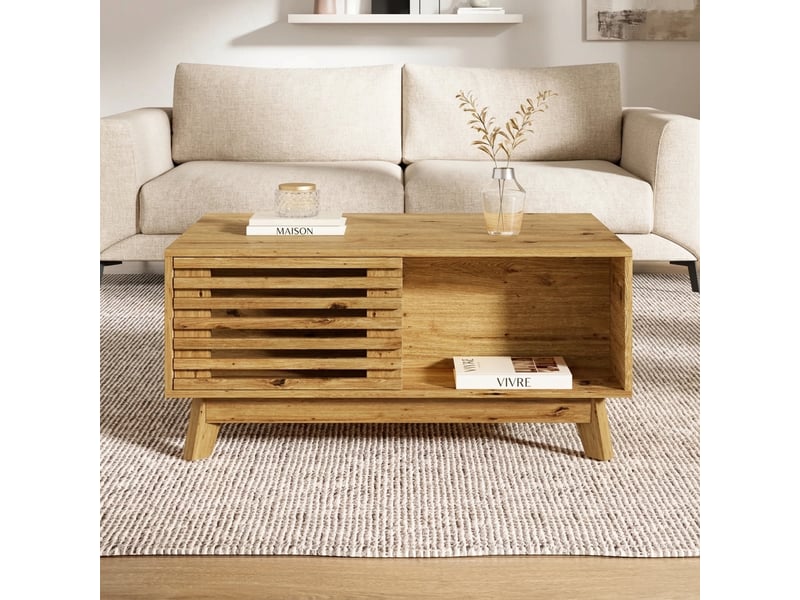  Table basse relevable vintage avec porte coulissante mdf aspect bois naturel  - Conforama D