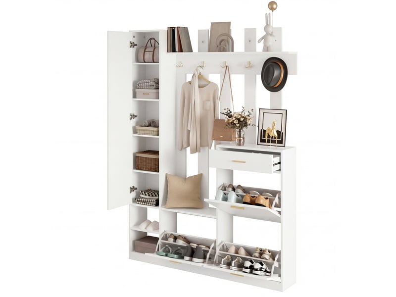  Ensemble d’entrée blanc avec miroir, 3 abattants à chaussures, 1 tiroir, crochets, gain de place 133 x 23,5 x 180 cm  - Conforama A