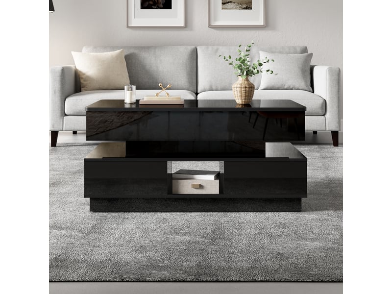  Table basse relevable noire brillante 90 x 48 cm avec rangement, led et prise intégrée  - Conforama B