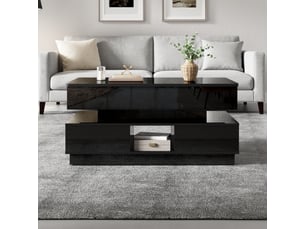 Table basse relevable noire brillante 90 x 48 cm avec rangement, led et prise intégrée