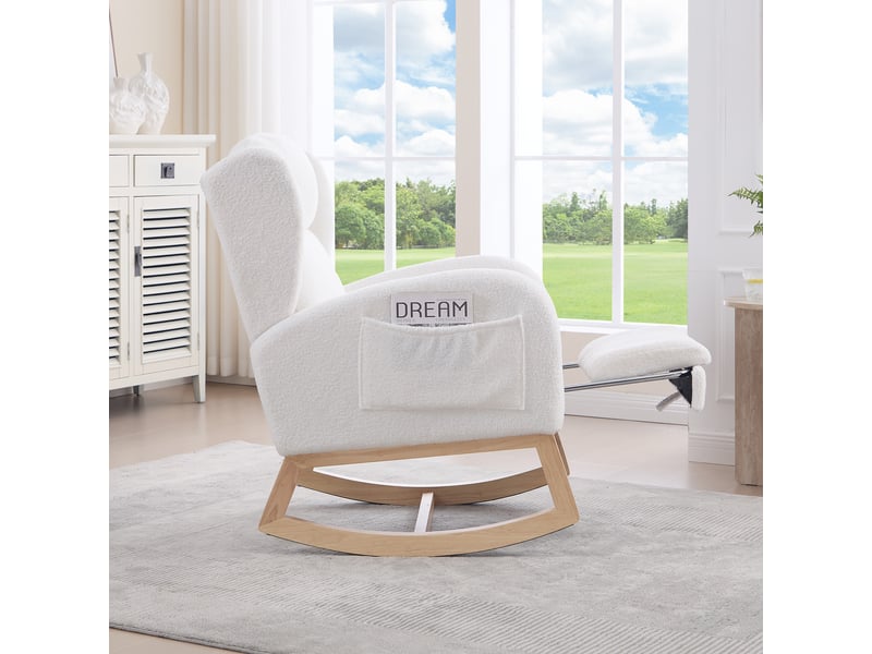 Fauteuil à bascule avec repose-pieds pliable, poches latérales et dossier haut en tissu teddy blanc - Conforama C