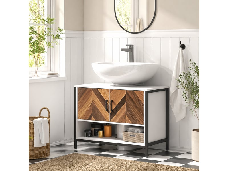  Meuble sous-évier à 2 portes et compartiment ouvert pour évier avec ou sans colonne, 80 x 40 x 60 cm, crème et noyer  - Conforama C