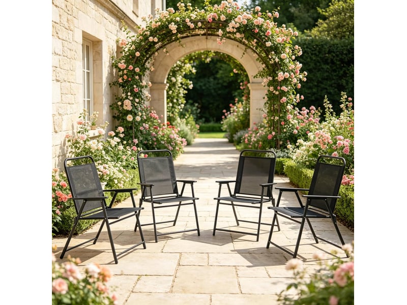  Lot de 4 chaises de jardin pliantes noires avec dossier haut, accoudoirs et structure en acier  - Conforama E