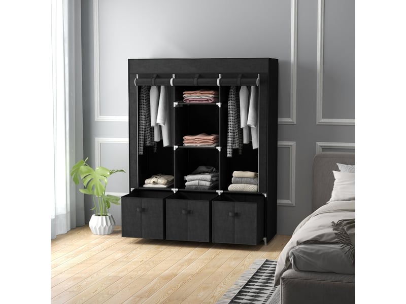  Armoire textile pliable avec 2 penderies,5 étagères,3 tiroirs et housse zippée en non-tissé,125×43 ×162.5 cm,noir  - Conforama D