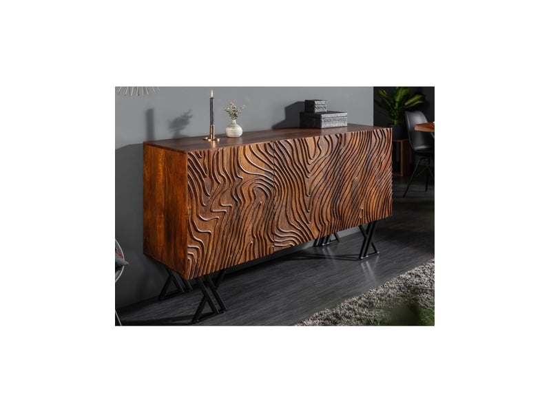 Buffet gaïa 160 cm en bois de manguier massif – 3 portes sculptées et pieds métal noir - Conforama B