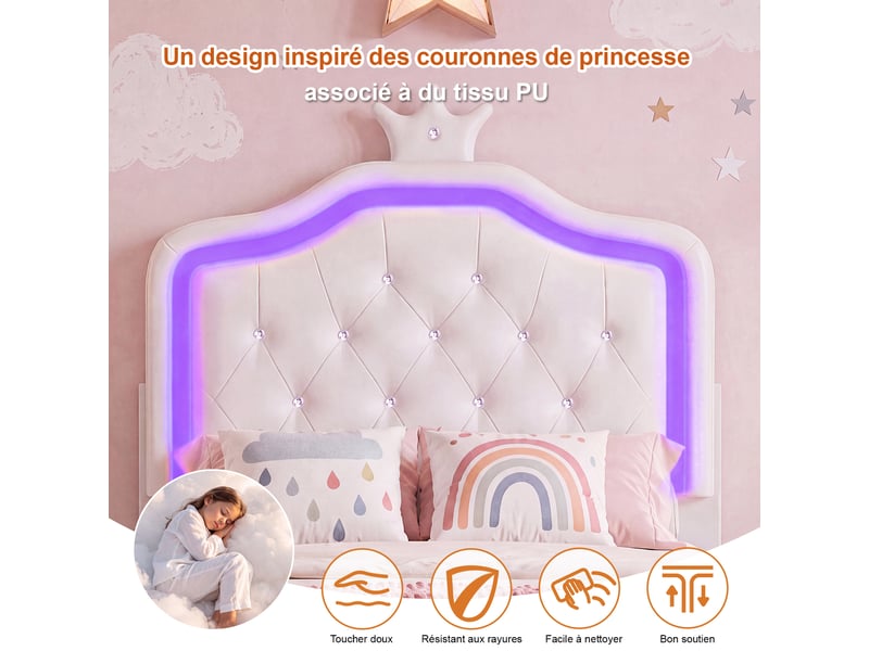 Lit enfant 90x200 cm avec 1 tiroir, lit capitonné avec tête de lit couronne lumineuse led, lit simple avec tête de lit réglable, pu, blanc,sans matelas  - Conforama E