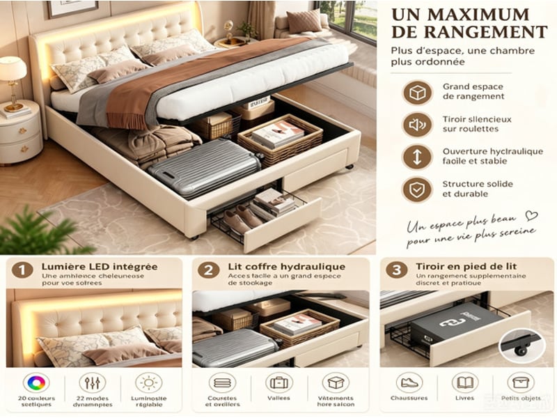  Lit coffre 180x200 cm ezssw, coloris beige  - Conforama D