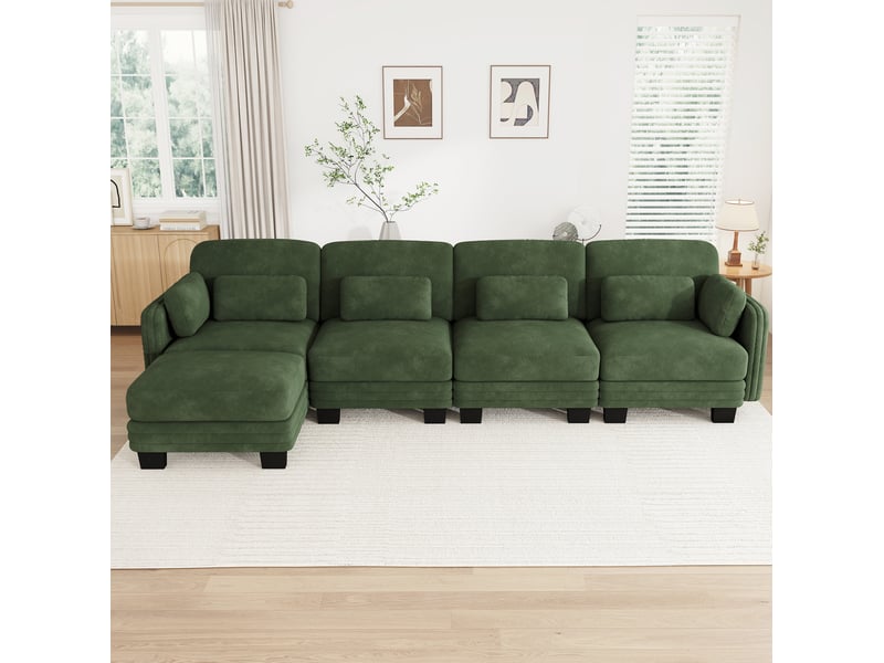 Canapé d’angle modulaire tcqpz 4 places 330 x 143 x 88 cm avec ottomane en chenille vert - Conforama E