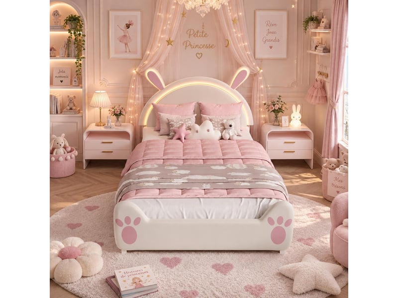  Lit enfant tête de lit lapin 90x200 cm coloris beige  - Conforama B