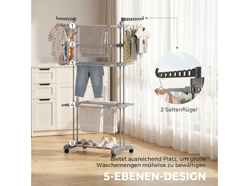  Étendoir à linge pliable à 5 niveaux, sur roulettes, avec rallonges latérales, gris  - Conforama D