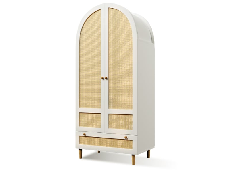 Placard bois blanc effet rattan 80x50x180 cm, armoire à linge avec tringle et tiroir, chambre enfant ou couloir - Conforama A