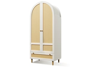 Placard bois blanc effet rattan 80x50x180 cm, armoire à linge avec tringle et tiroir, chambre enfant ou couloir
