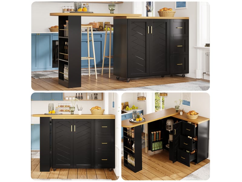 Meuble bar extensible avec 2 portes, 3 tiroirs, 1 panier et roulettes, pour cuisine et salon, 135 × 39 × 104 cm - Conforama E