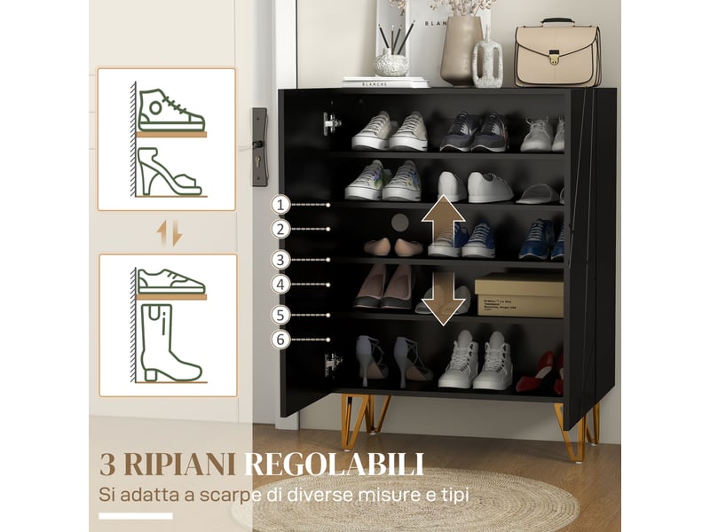  Étagère à chaussures moderne pour 15 à 20 paires de chaussures, étagères réglables et fermeture amortie, noire  - Conforama E