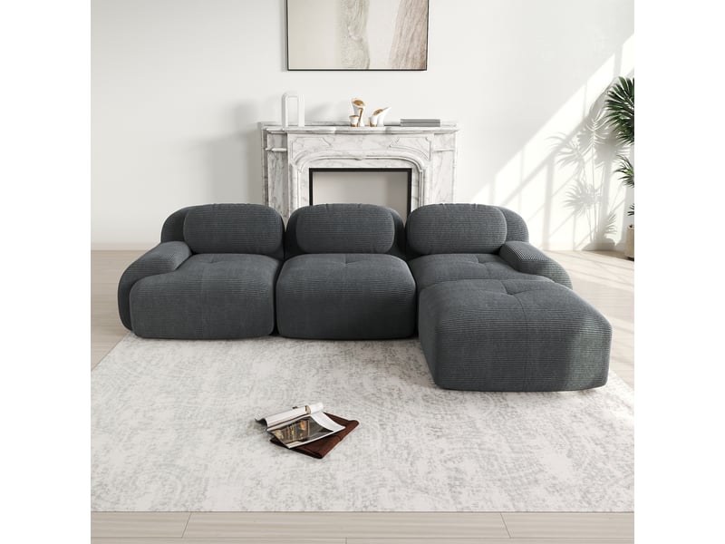  Canapé d'angle modulable 3 places 298cm en velours côtelé gris,confort hautement élastique,accoudoirs galbés,base anti-dérapant 298x178x75cm - Conforama C
