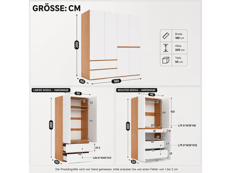  Armoire 6 portes battantes blanc et chêne artisan 180x50x200 cm avec 2 penderies et 5 tiroirs pour chambre  - Conforama C