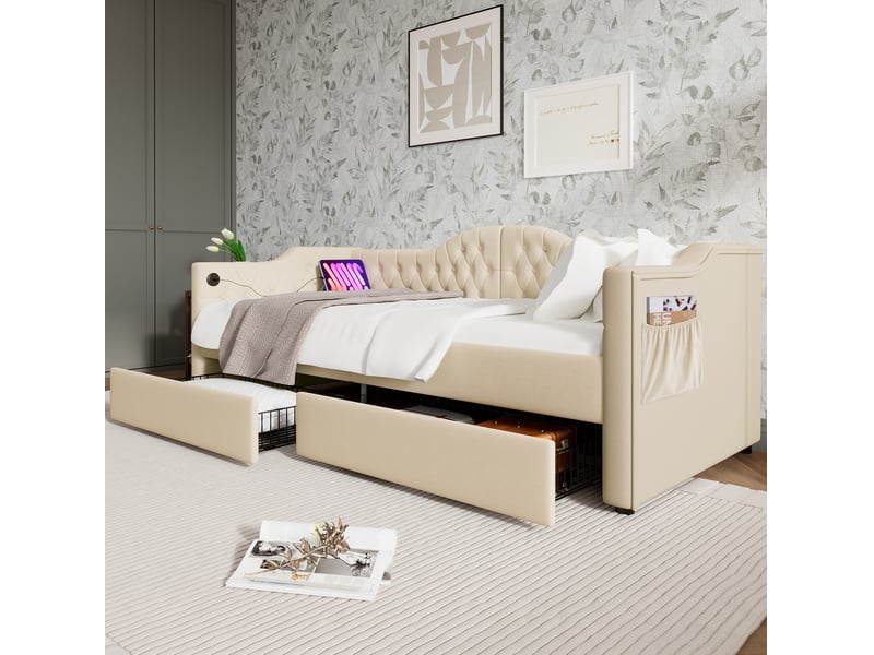  Modenvie lit de jour 90x200 cm - avec ports usb et usb-c, 2 tiroirs, sans matelas - beige  - Conforama E