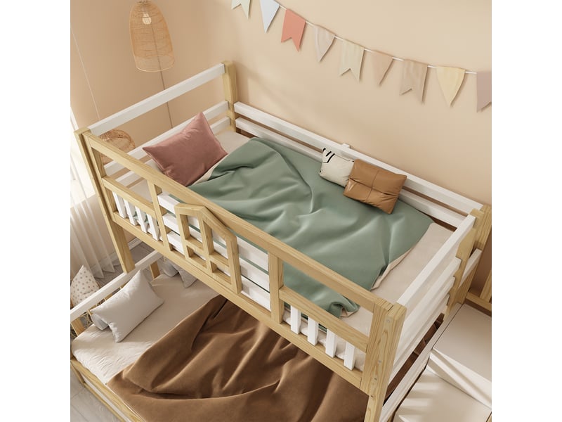  Lit superposé 90+140x200 cm, style cabane, fenêtre, barrières sécurité, escalier rangement, coffre hydraulique, norme en747, pin, blanc et naturel Bubbly - Conforama E