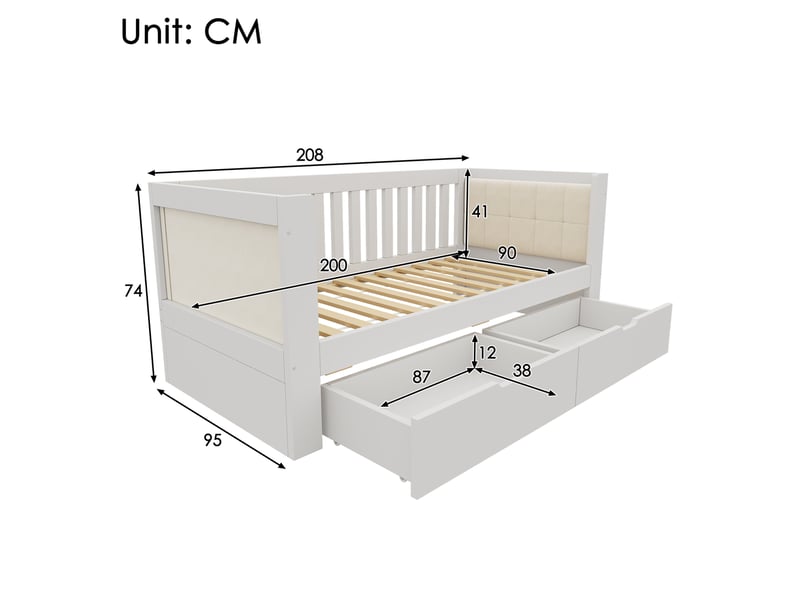  Modenvie lit banquette 90x200 cm - avec 2 tiroirs de rangement, dossier rembourré, sans matelas - blanc  - Conforama C