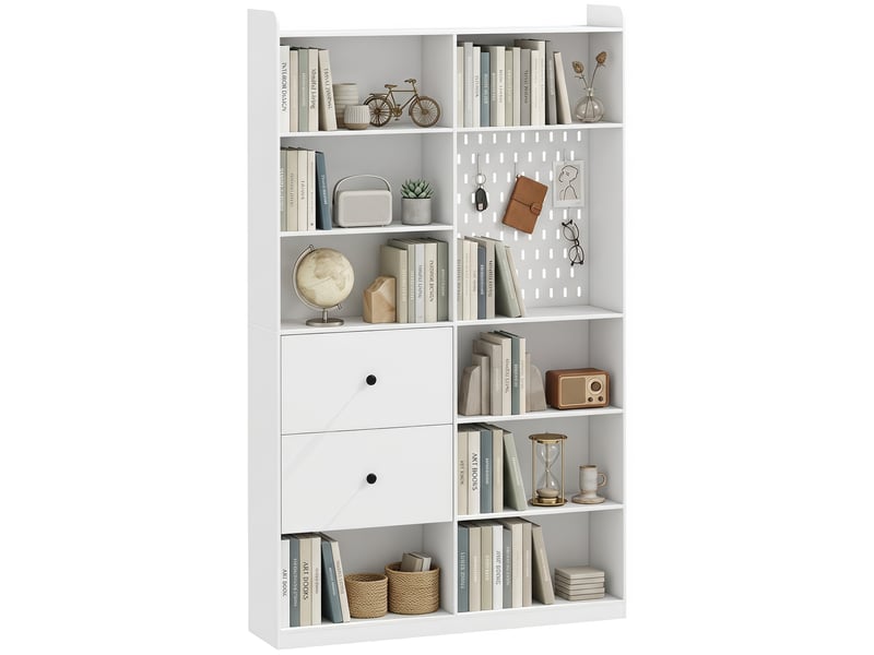  Bibliothèque double à 6 niveaux avec tiroirs et panneau perforé, 120 x 30 x 200 cm, blanche  - Conforama A