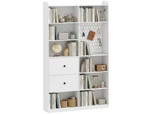 Bibliothèque double à 6 niveaux avec tiroirs et panneau perforé, 120 x 30 x 200 cm, blanche