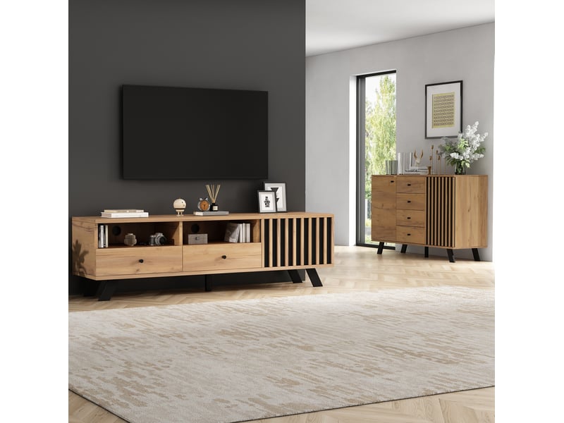  Ensemble meuble tv et buffet modenvie 150 x 38 x 44 cm et 120 x 38 x 75 cm bois naturel et noir  - Conforama B
