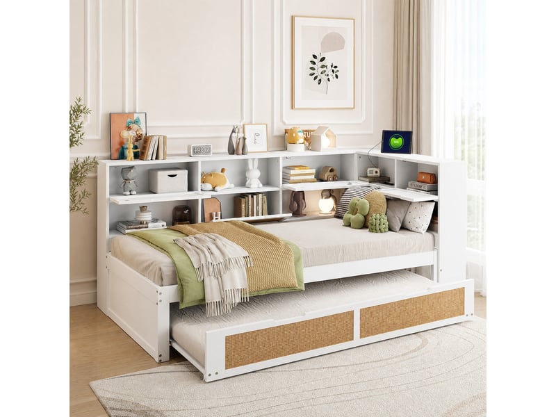  Canapé convertible lit gigogne avec rangements et prises de charge, cadre en bois massif et rotin blanc  - Conforama C