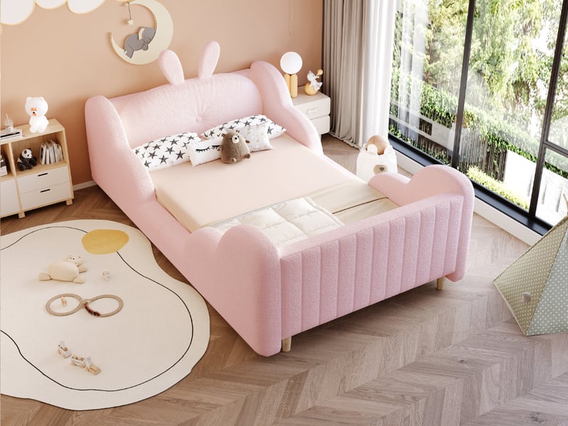  Lit rembourré enfant 90x200cm, coussin lapin, panneaux latéraux nuage – rose velours bouclette  - Conforama B