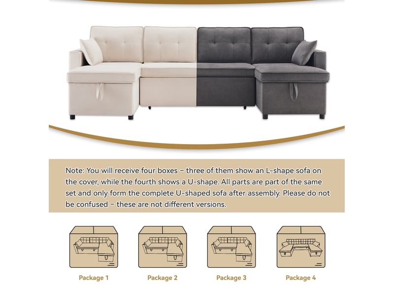  Canapé convertible u 4 places 270x130 cm – gris – rangement bilatéral, porte-gobelets et coussins intégrés  - Conforama E